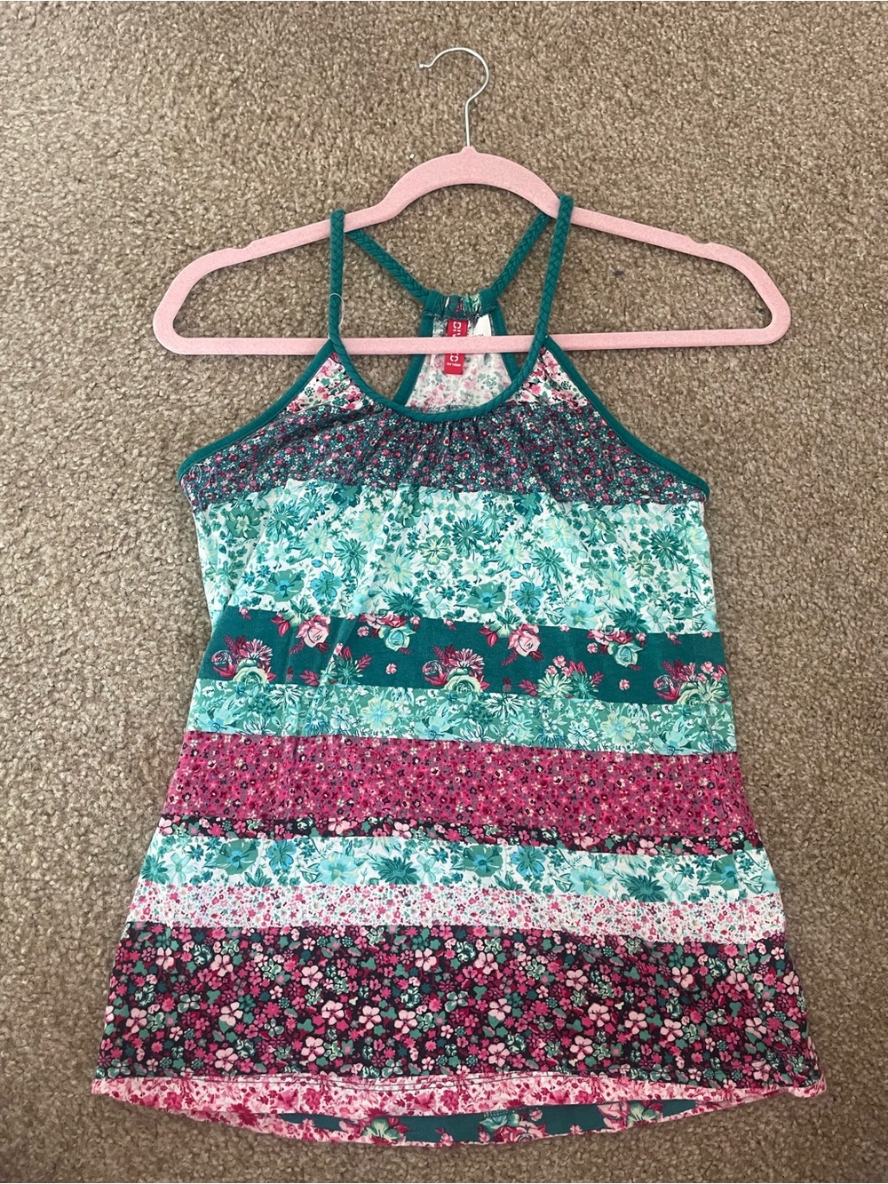 Women’s Floral Stripe Tank Top - Teal & Pink